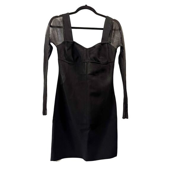 Herve Leger Mesh Sleeve Intarsia Bodycon Mini Dress Black Size L NWT Cocktail - Picture 2 of 8